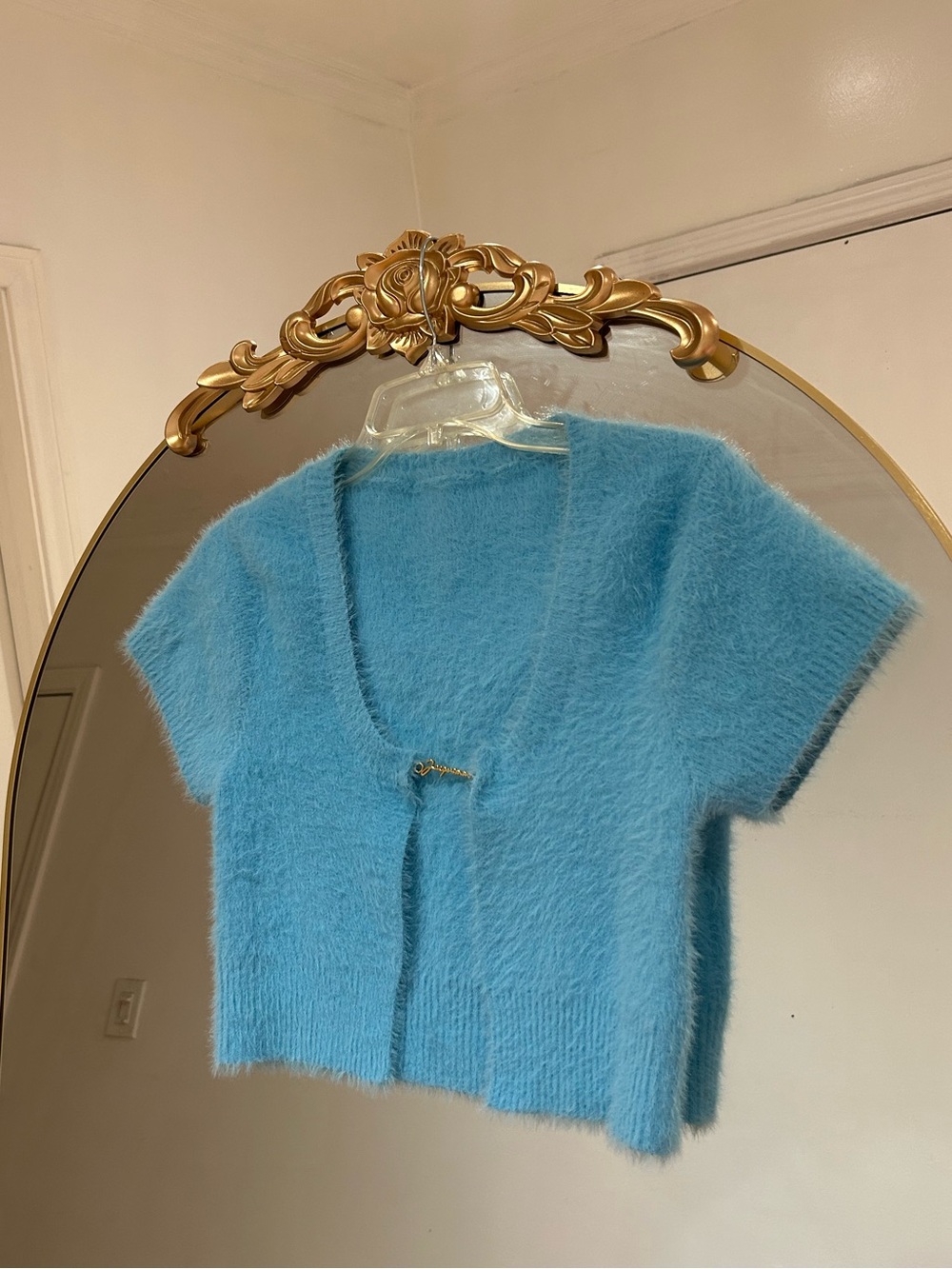 Jacquemus Ocean Blue Fuzzy Knit Crop Cardigan Top, Size M
